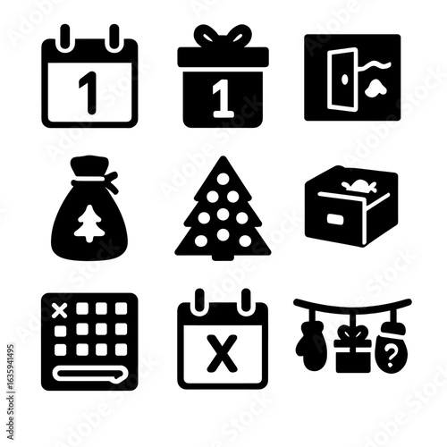 Countdown Calendar Icons. Solid style icons of countdown calendars and advent treats: number blocks with bow, chocolate window