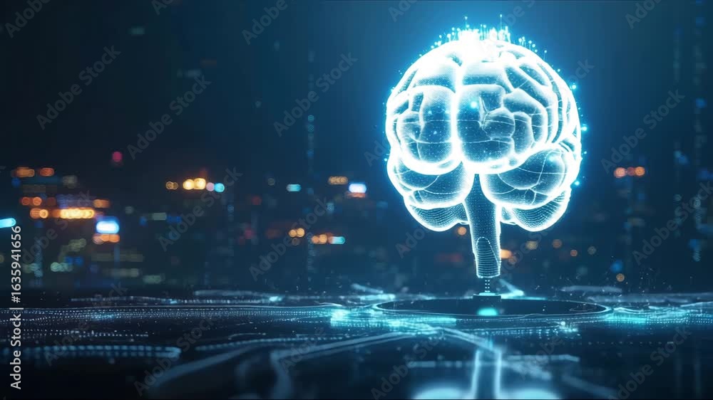A rotating human brain against a black background, depicted in a continuous video loop. The brain is detailed and illuminated, highlighting its intricate structure and neural pathways.