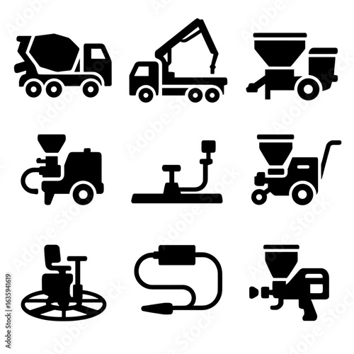Concrete Equipment Icons. Solid style icons of concrete equipment: concrete mixer truck, concrete pump, cement spreader, shotcrete