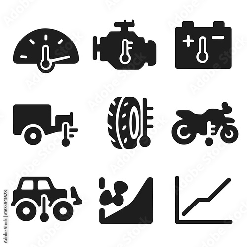 Vehicle Temperature Icons. Solid style icons of vehicle and machinery temperature displays: car dashboard thermometer, engine heat