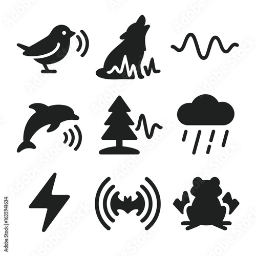 Animal Sound Waves. Solid style icons of animal and natural sound waves: bird chirp curve, wolf howl wave, insect buzz line,