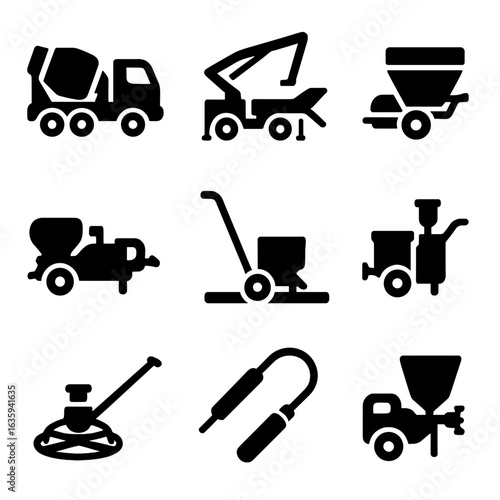 Concrete Equipment Icons. Solid style icons of concrete equipment: concrete mixer truck, concrete pump, cement spreader, shotcrete