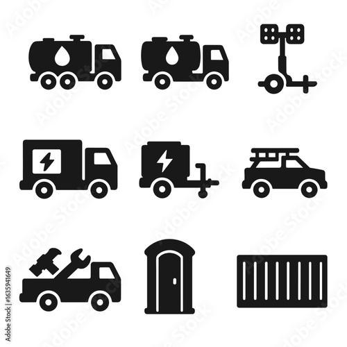 Site Support Vehicles Icons. Solid style icons of site support vehicles: fuel truck, water tanker, lighting tower trailer,