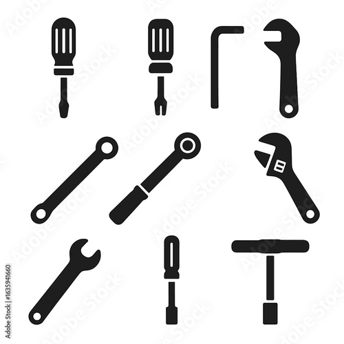 Solid Tool Icons. Solid style icons of fastening tools: manual screwdriver, ratchet screwdriver, hex key, torque wrench, socket
