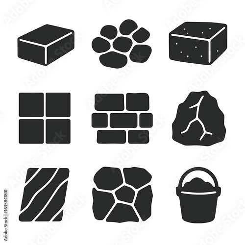 Stone Materials Icons. Solid style icons of stone and masonry materials: cut stone block, cobblestone, limestone slab, granite