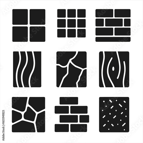 Decorative Surface Icons. Solid style icons of decorative surface materials: wall tile, mosaic panel, 3D wall panel, veneer sheet,