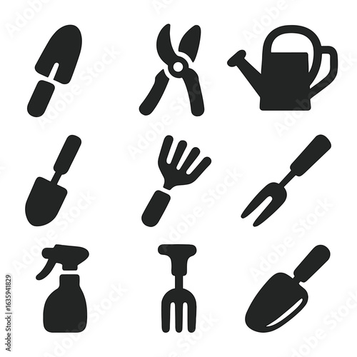 Gardening Tools Icons. Solid style icons of basic gardening tools: hand trowel, pruning shears, garden fork, watering can, spade,