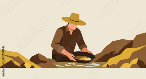 Prospector pans gold at river. Man with hat searches for metal in rocky landscape
