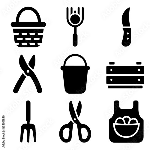 Harvesting Tool Icons. Solid style icons of harvesting tools: harvesting basket, fruit picker, garden knife, pruning snip, bucket,
