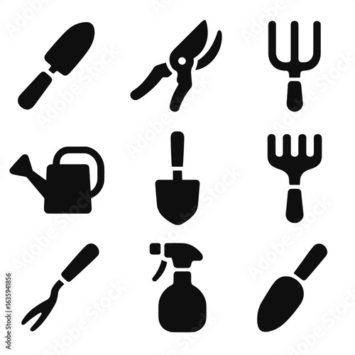 Gardening Tools Icons. Solid style icons of basic gardening tools: hand trowel, pruning shears, garden fork, watering can, spade,
