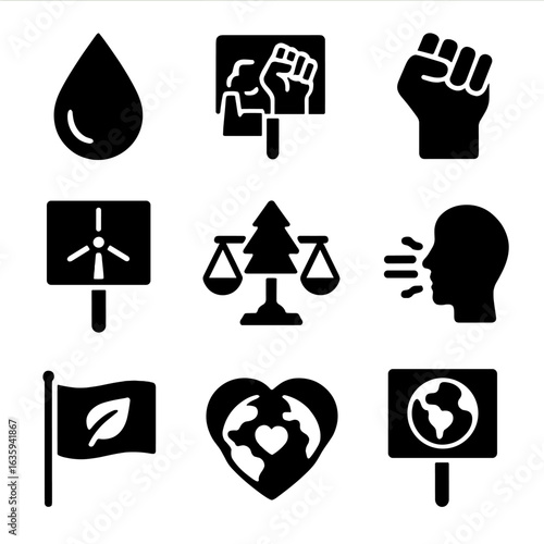 Environmental Justice Icons. Solid style icons of environmental justice: clean water droplet, factory pollution strike, climate