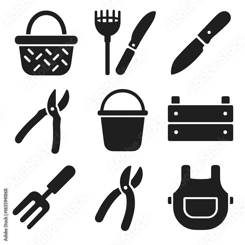 Harvesting Tool Icons. Solid style icons of harvesting tools: harvesting basket, fruit picker, garden knife, pruning snip, bucket,