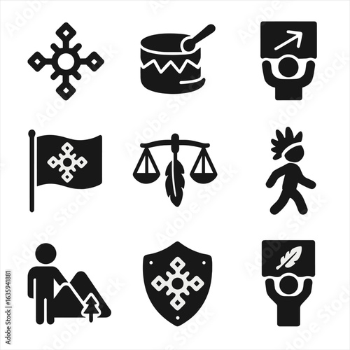 Indigenous Rights Icons. Solid style icons of indigenous rights: tribal symbol, protest drum, land back banner, indigenous flag,
