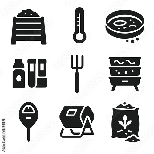 Soil and Compost Tools. Solid style icons of soil and compost gear: compost bin, compost thermometer, garden sieve, soil test kit,