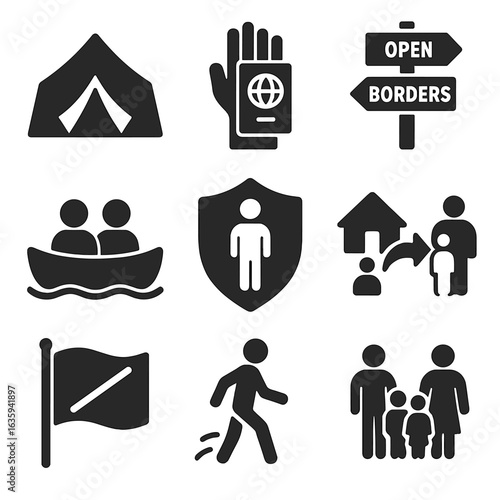 Migration Rights Icons. Solid style icons of migration and refugee rights: refugee tent icon, protest hand with passport, open