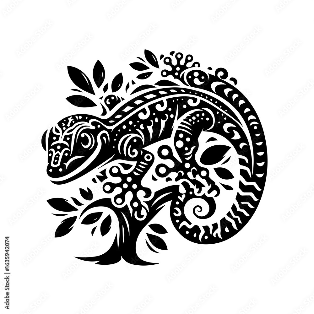 Obraz premium Intricate black and white tribal gecko lizard design with floral elements