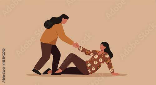 Helping hand. Woman helping other to stand up in neutral brown color palette