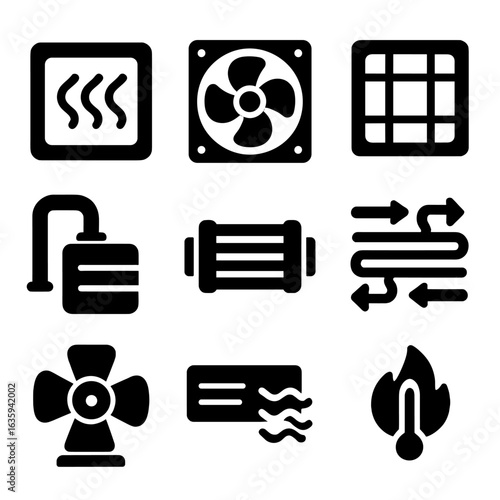 Cooling System Icons. Solid style icons of cooling and ventilation features: cooling vent, fan grill, intake filter, radiator pipe