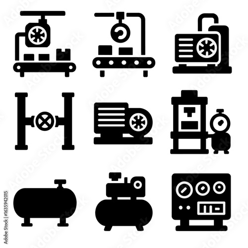 Industrial Equipment Icons. Solid style icons of large-scale factory use: assembly line compressor, conveyor air power, industrial