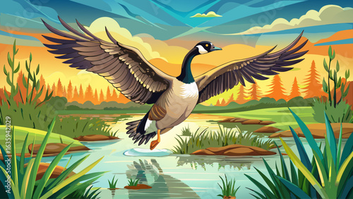 
very beautiful 
Canada Goose (Branta canadensis) landing in wetland, Marion County, Illinois.