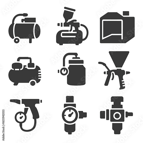 Painting Compressor Icons. Solid style icons of compressors for painting: airbrush compressor, HVLP gun compressor, paint booth