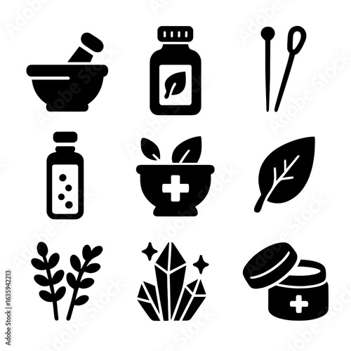 Herbal Wellness Icons. Solid style icons of herbal and alternative wellness: mortar and pestle, herbal tincture, acupuncture