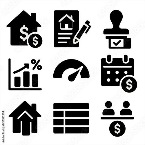 Mortgage Icon Set. Solid style icons of mortgage and loan processing: house with dollar sign, mortgage agreement, loan approval