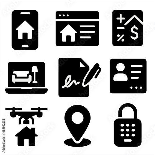 Real Estate Tech Icons. Solid style icons of real estate technology tools: house on app screen, digital listing icon, online