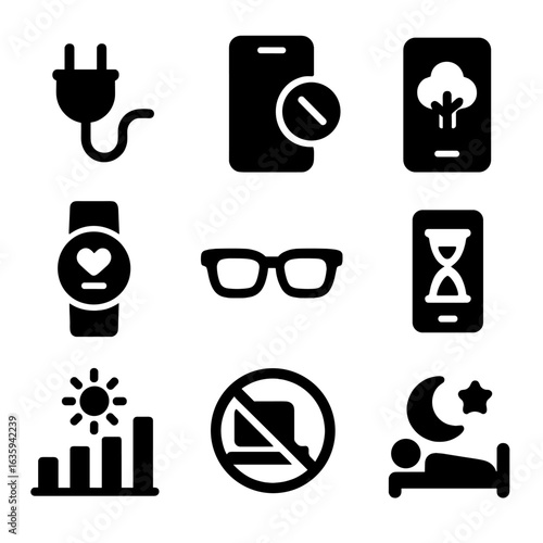 Digital Detox Icons. Solid style icons of digital detox and screen balance: unplug icon, phone with off symbol, nature over screen