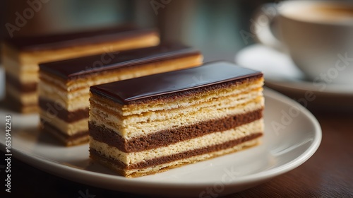 Opera cake slices with rich coffee and chocolate layers.