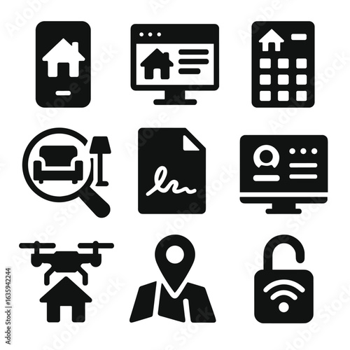 Real Estate Tech Icons. Solid style icons of real estate technology tools: house on app screen, digital listing icon, online