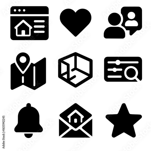 Digital Real Estate Icons. Solid style icons of digital real estate platforms: listing site homepage, saved property icon, online