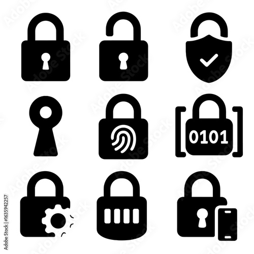 Digital Lock Icons. Solid style icons of digital padlocks and lock types: closed padlock, unlocked padlock, padlock with shield,