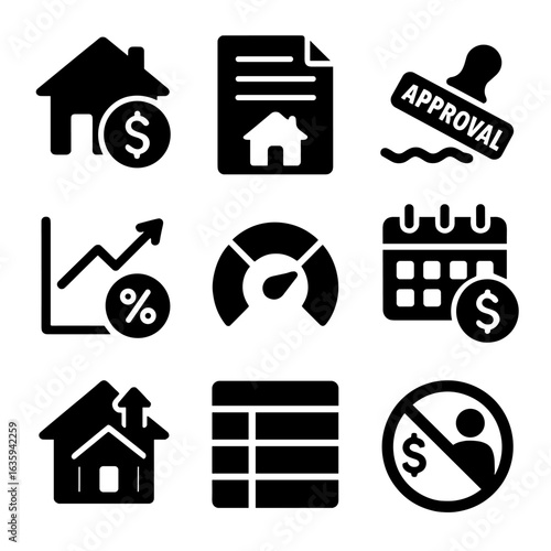 Mortgage Icon Set. Solid style icons of mortgage and loan processing: house with dollar sign, mortgage agreement, loan approval