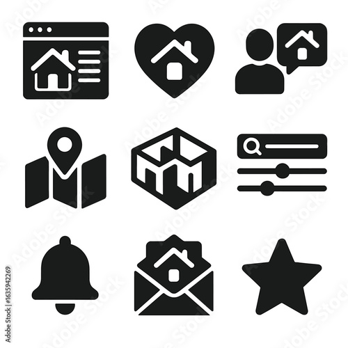 Digital Real Estate Icons. Solid style icons of digital real estate platforms: listing site homepage, saved property icon, online
