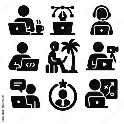 Freelance Professionals Icons. Solid style icons of freelance and remote professionals: remote writer, freelance designer, virtual