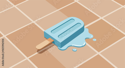 Icy popsicle melts on tile, with water droplets and a wooden stick underneath