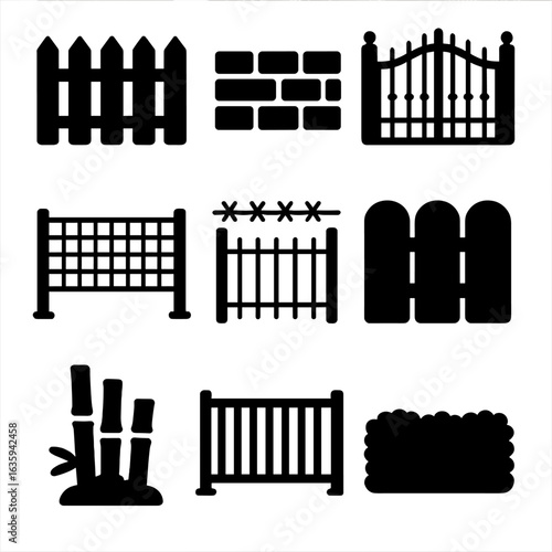 Boundary Icons Collection. Solid style icons of fence and boundary elements: wood picket fence, stone wall, iron gate, garden