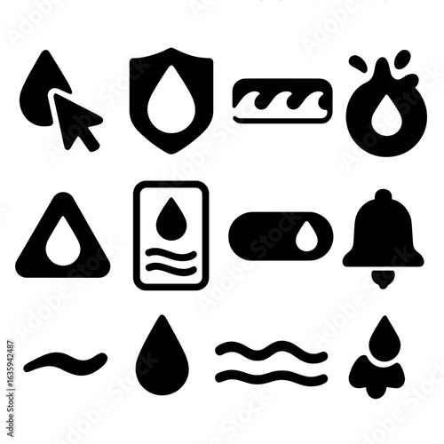 Water-Themed App Icons. Solid style icons of app interface enhancements with water: drop-shaped cursor, hydration-themed badge,
