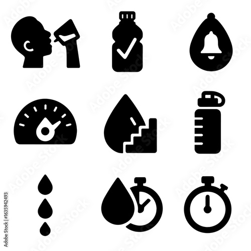 Water Tracker Icons. Solid style icons of drinking water app visuals: sip tracker icon, bottle with checkmark, hydration goal