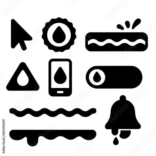 Water-Themed App Icons. Solid style icons of app interface enhancements with water: drop-shaped cursor, hydration-themed badge,