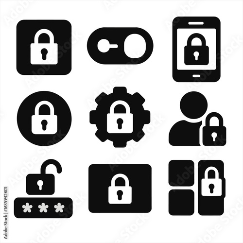 Solid Lock Icons. Solid style icons of locks in app interfaces: lock icon button, open lock toggle, secure login screen, lock icon