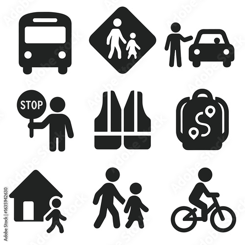 School Safety Icons. Solid style icons of children and school mobility: school bus icon, child crossing sign, parent drop-off,