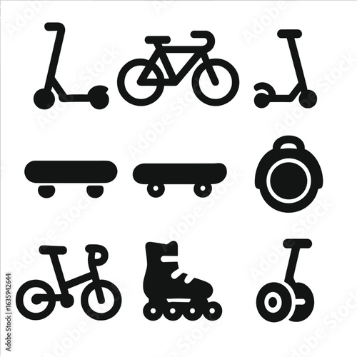 Urban Mobility Icons. Solid style icons of personal urban mobility: electric scooter, bicycle, kick scooter, skateboard, electric