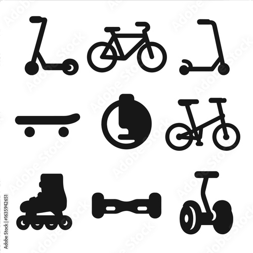 Urban Mobility Icons. Solid style icons of personal urban mobility: electric scooter, bicycle, kick scooter, skateboard, electric