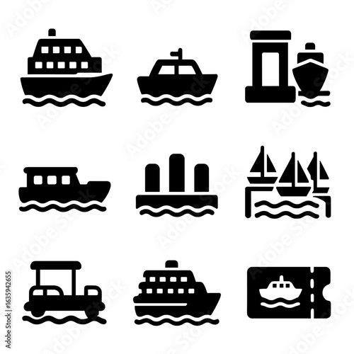 Urban Water Transport Icons. Solid style icons of water-based urban transport: city ferry, water taxi, harbor terminal, canal boat