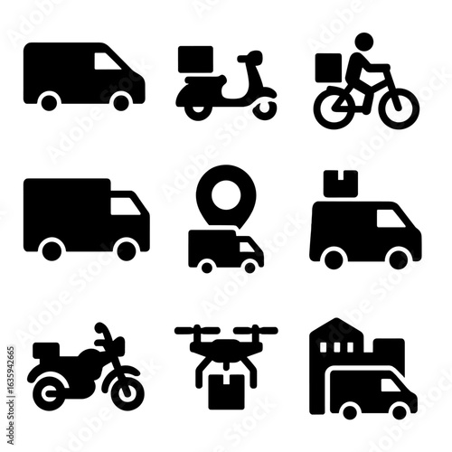 Delivery Vehicle Icons. Solid style icons of delivery vehicles: cargo van, food delivery scooter, courier bike, delivery truck,