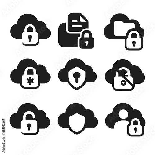 Cloud Security Icons. Solid style icons of lock icons in cloud services: cloud with padlock, shared cloud file locked, cloud