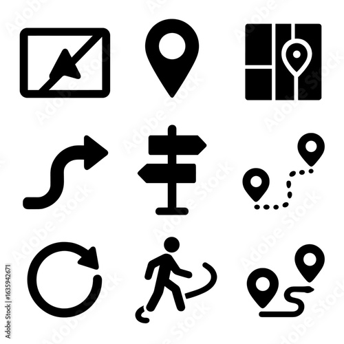 Solid Navigation Icons. Solid style icons of navigation and wayfinding: GPS navigation, location pin, city map icon, path arrow,