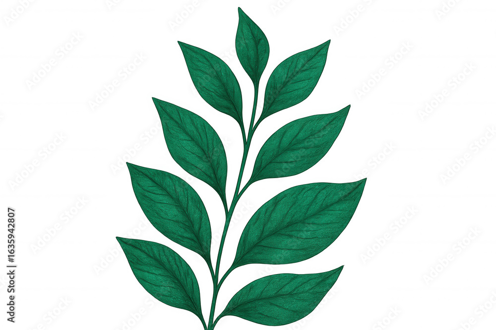 Fototapeta premium Hand-drawn illustration of a green leaves branch on a transparent background, symbolizing nature, growth, and freshness
